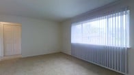 This single-floor space offers a clean, straightforward layout designed for comfortable living. The interior is finished with neutral, light-toned walls that create a bright and open atmosphere throughout. The main living area features plush wall-to-wall carpeting in a warm beige tone, providing a soft underfoot feel and a welcoming ambiance. A standout feature of the space is the expansive window fitted with vertical blinds, which allows an abundance of natural light to flow into the room while offering flexible light control and privacy. The window also provides a view of the surrounding outdoor environment, with greenery visible beyond the glass. The smooth, white ceiling complements the pale walls, enhancing the sense of openness. The overall design is simple and functional, with a neutral color palette that serves as a versatile backdrop suitable for a variety of furnishing styles. The space is well-suited for those seeking a bright, low-maintenance environment with practical finishes and a calm, understated aesthetic.