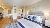 Located at 1110 W Town and Country Rd in Orange, CA, this thoughtfully designed single-floor unit offers a cohesive, modern aesthetic throughout its well-utilized layout. The open-concept living and kitchen area creates a seamless flow, anchored by a galley-style kitchen outfitted with stainless steel appliances—including a gas range, microwave, and refrigerator—complemented by two-tone cabinetry featuring rich walnut-finish lower cabinets and crisp white uppers, a subway tile backsplash, and a clean white countertop. The living area benefits from natural light streaming in through a sliding glass door that opens to an outdoor space, enhancing the airy ambiance. Wood-look plank flooring runs consistently throughout, lending warmth and visual continuity to every room. The bedroom is generously sized, accommodating a king bed with ease, and includes a dedicated built-in desk nook and direct access to a spacious walk-in closet with dual shelving rods and ample storage. The full bathroom features a walnut-finish vanity with an undermount sink, a large wall mirror, and a soaking tub with white tile surround. Recessed lighting throughout adds a clean, polished finish to this well-appointed home.