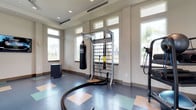 This single-floor fitness facility is thoughtfully designed to support a wide range of training styles and workout routines. The space is anchored by a robust multi-functional training rig that accommodates suspension straps, resistance bands, and a heavy punching bag, making it suitable for strength, cardio, and functional training alike. Battle ropes are coiled on the floor, ready for high-intensity interval sessions, while additional cable-based equipment is positioned along the perimeter for further versatility.

The room features a striking multi-colored geometric floor with a durable, sport-grade surface in muted tones of blue, green, and beige — both practical and visually engaging. Neutral warm-gray walls keep the environment clean and focused, while recessed ceiling lights complement the generous natural light that pours in through multiple large windows. These windows line the upper and lower portions of the walls, offering views of the surrounding outdoor landscape and creating an open, energizing atmosphere.

The high ceiling enhances the sense of spaciousness and allows for overhead movements without restriction. The overall layout is open and uncluttered, providing ample room for free movement, group training, or individual sessions. This facility is well-suited for fitness enthusiasts seeking a comprehensive, light-filled training environment.