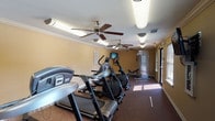 This fitness center is a single-floor facility designed to support a well-rounded workout routine. The space is finished with durable, dark carpet flooring throughout and warm neutral-toned walls accented by classic crown molding, lending the room a polished, residential feel.

The cardio area is the centerpiece of the facility, housing multiple treadmills, elliptical machines, and a recumbent stationary bike. Equipment is arranged to allow comfortable spacing between machines. Multiple ceiling fans are positioned throughout the space, keeping air circulating during workouts, while fluorescent light fixtures provide consistent overhead illumination.

A dedicated strength-training area features a multi-function cable machine paired with an adjustable bench, offering a range of resistance exercises. A wall-mounted flat-screen television is positioned in this section, providing entertainment during workouts.

Natural light filters into the space through windows fitted with horizontal blinds, adding brightness to the interior. A key-access entry panel is visible near the entrance, indicating secured access to the facility. The overall layout is organized and functional, making efficient use of the available space to provide a variety of cardio and strength training options in one convenient location.