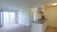 This single-floor space offers a clean, open-concept layout that seamlessly connects the kitchen and living area, creating a functional and inviting environment. The kitchen is positioned along one side and features white cabinetry, a peninsula with a gray countertop, an integrated sink, and overhead cabinets that provide ample storage. The peninsula acts as a natural divider between the kitchen and the adjoining living space, allowing for easy interaction between the two areas.

The living area is finished with wall-to-wall carpeting in a neutral tone, contributing to a warm and comfortable atmosphere. The space is bathed in natural light, sourced from a sliding glass door or large window at the far end of the room, which also provides access to what appears to be an outdoor balcony or patio with greenery visible beyond. The white walls and light-toned finishes throughout enhance the sense of openness and airiness.

A hallway visible in the background leads to additional rooms, with closet doors suggesting generous storage options. The textured ceiling and simple, understated design choices give the space a practical, move-in-ready appeal, well-suited for everyday living.