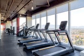 Located at 10 East Reed Street in San Jose, CA, this contemporary fitness center offers a comprehensive workout environment spread across a single, generously sized floor. The space is designed with an industrial-modern aesthetic, featuring exposed concrete ceilings with visible ductwork, track lighting, and bold accent walls in deep red and warm pink tones that lend the facility a vibrant, energetic atmosphere.

The main gym floor is divided into distinct functional zones. The cardio area lines the floor-to-ceiling windows, where treadmills, stair climbers, and other cardio machines are positioned to take full advantage of sweeping panoramic views of the San Jose skyline and surrounding mountains. Natural light pours in throughout the day, creating a bright and motivating environment.

The strength and free weights section features a full rack of dumbbells, power racks with weight plates, cable machines, and dedicated lifting platforms. Large mirrors along the walls enhance the sense of space and support proper form during training.

A separate studio room provides a tranquil setting for yoga and stretching, finished with smooth flooring, yoga mats, and stability balls. This room also benefits from expansive window views of the cityscape. An additional area accommodates rowing machines and cycling equipment.

Durable rubber flooring throughout ensures safety and comfort, while modern pendant and linear lighting completes the polished, well-appointed design of this full-service fitness facility.