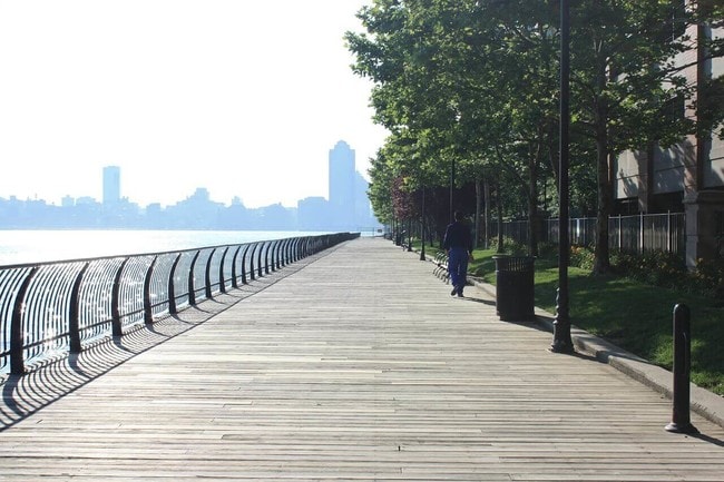 The scenic Jersey City Riverwalk
