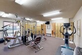 Located at 150 Miguel St in Ridgecrest, California, this single-floor fitness center offers a well-organized and functional space designed to support a complete workout experience. The main exercise area is carpeted and generously sized, accommodating a multi-station cable weight machine, a leg press, a flat bench, an elliptical trainer, a stair climber, and additional cardio equipment. Instructional exercise charts are posted along the walls for reference, and a wall-mounted TV provides entertainment during workouts. Natural light filters in through a large window overlooking an outdoor courtyard area, complementing the bright fluorescent overhead lighting. Textured ceilings run throughout the space, giving it a clean, utilitarian character. A prominent bank of light wood lockers lines one wall of the main room, offering ample secure storage for users. The facility includes four bathrooms, each featuring light wood vanity cabinetry, countertop sinks, wall-mounted soap and paper towel dispensers, and private shower stalls with frosted glass doors. Light wood-tone flooring runs through the bathroom areas, while towel bars and hooks provide added convenience. The overall layout is practical and well-maintained, making this fitness center a comprehensive amenity for its users.