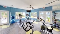This fitness center is a thoughtfully designed single-floor facility that combines functionality with an energetic, resort-inspired aesthetic. The space is finished throughout with patterned carpet tiles in a hexagonal design, accented by bold yellow-green geometric shapes that add visual interest and define workout zones.

The main exercise area is generously sized to accommodate a variety of equipment, including treadmills, elliptical machines, a stationary bike, and a multi-station cable strength machine. A ceiling fan overhead aids in air circulation, while a wall-mounted television provides entertainment during workouts. One wall features a dramatic full-scale photographic mural of an ocean wave, creating an immersive, coastal ambiance. Large windows along the perimeter flood the space with natural light and offer pleasant outdoor views of surrounding greenery. A glass door provides direct access to an outdoor patio area.

The corridor leading into the fitness center is painted in calming blue tones and includes a small wall-mounted accessory shelf, resistance band storage, and a water dispenser. Separate restrooms are accessible directly from this hallway. Adjacent to the entrance is a secondary room with wood-look flooring, a workstation, and monitor setup, suggesting an office or computer area.