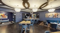 The Ivy's clubhouse lounge is a thoughtfully designed communal space that seamlessly blends upscale aesthetics with functional gathering areas. The space is anchored by a striking sculptural ceiling featuring interlocking curved bronze-toned forms, complemented by two large crystal chandeliers that cast a warm, sophisticated glow across the dark marble tile flooring below.

At the heart of the lounge sits a generously sized curved island with a pristine white marble countertop, surrounded by sleek blue bar stools and illuminated by modern pendant lighting. Dark cabinetry lines the walls behind the island, alongside a mounted flat-screen TV and vibrant contemporary artwork, creating a bar-like atmosphere ideal for socializing.

The dining and lounge areas are furnished with natural wood tables, modern chairs, and plush seating arrangements, offering versatile spaces for casual gatherings. Bold red velvet armchairs flank a linear fireplace set within a dramatic dark stone surround, adding warmth and a luxurious focal point to the entry zone, which soars with double-height ceilings and floor-to-ceiling windows.

Throughout the space, curated artwork and sculptural pieces — including a distinctive decorative horse figure — contribute to an eclectic, gallery-like character. Sliding glass doors on one side open to views of an outdoor pool area, flooding the interior with natural light and providing a seamless indoor-outdoor connection.
