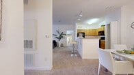 Located at 1200 Floral Springs Blvd in Port Orange, Florida, this single-story residence offers a well-designed, open-concept layout that seamlessly connects the main living areas. The kitchen is equipped with light wood cabinetry, black appliances including a refrigerator, range, and microwave, and tile flooring. A raised breakfast bar with modern white bar seating serves as a natural transition into the living and dining areas, both of which feature neutral-toned carpet throughout.

The dining area is highlighted by an elegant gold chandelier and mirrored wall accents, creating a bright and refined atmosphere. The living area provides a comfortable, open feel with wall-mounted TV space and warm lighting. The bedroom is a restful retreat featuring carpeted flooring, a window with natural light, and access to a generously sized walk-in closet outfitted with built-in shelving and hanging rods.

The full bathroom includes a single-sink vanity with warm wood cabinetry, a combination tub and shower, and wood-look tile flooring. A dedicated in-unit laundry area with tile flooring adds everyday convenience. Throughout the residence, clean white walls and consistent finishes contribute to a cohesive, move-in-ready aesthetic.