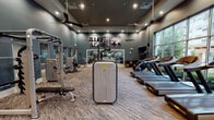 Located at 1101 Preston Rd in Plano, Texas, this fitness center is a comprehensively outfitted facility designed to support a wide range of workout routines. The space is organized into distinct training zones, each tailored to specific exercise disciplines. The cardio area lines the perimeter of expansive floor-to-ceiling windows, offering an abundance of natural light and views of the surrounding greenery and courtyard. This section is stocked with treadmills, elliptical machines, stair climbers, and stationary bikes. The strength training zone features a robust selection of weight machines, power racks, and benches, complemented by large-scale athletic photography mounted on the deep blue-grey accent walls. A dedicated functional training area includes a punching bag, kettlebell racks, dumbbell sets, battle ropes, and a climbing wall, providing versatile options for high-intensity workouts. The ceiling is elevated throughout the main area, creating an open and airy atmosphere, while ceiling fans contribute to climate comfort. Recessed and overhead lighting ensures consistent illumination across all zones. Durable, textured carpet tiles cover the floors throughout, and large mirrors enhance the sense of depth. The facility's single-floor layout ensures straightforward accessibility and an efficient flow between workout areas.