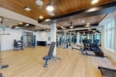 Located at Presidential Way in West Palm Beach, FL, this fitness center offers a comprehensive workout environment across a generously sized single-floor layout. The main strength training area features a broad selection of Matrix cable machines, selectorized equipment, adjustable benches, and a full dumbbell rack, all set against floor-to-ceiling mirrors that amplify the sense of space. Warm wood-planked ceilings with exposed dark steel beams and ceiling fans lend the space a refined, modern-industrial aesthetic, while light hardwood flooring runs throughout, creating a clean and cohesive look. A dedicated cardio row lines one side of the facility, housing treadmills, ellipticals, and stair climbers, each equipped with personal display screens and positioned near large windows that invite natural light and views of surrounding palm trees. A separate area accommodates indoor cycling bikes, also benefiting from natural light through glass-panel walls. A distinct yoga studio, enclosed by sleek black-framed glass partitions, provides a quiet, versatile space for group classes or individual practice. Additional functional training equipment, including TRX suspension systems, medicine balls, and stability balls, rounds out the facility's offerings. The overall ambiance is bright, modern, and welcoming, designed to support a full spectrum of fitness activities.