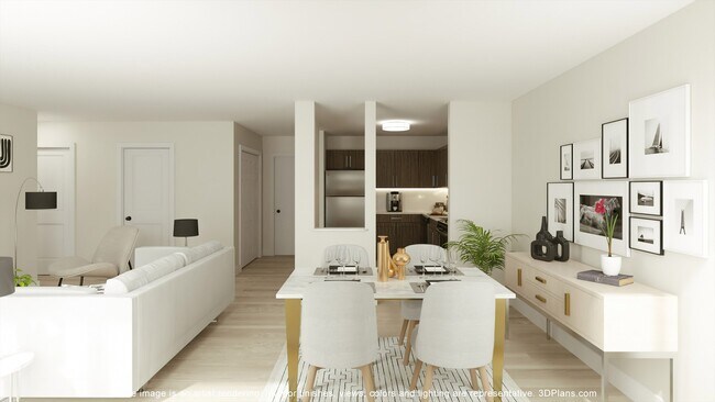 Sala de estar renovada con cocina en Franklin River Apartments en Southfield - Franklin River Apartments