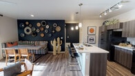 Located in Marana, Arizona, this single-story unit delivers a thoughtfully designed layout with a cohesive Southwestern aesthetic. The open-concept kitchen and living area serves as the heart of the space, where wood-look plank flooring, a bold dark accent wall adorned with woven basket décor, and decorative cactus accents establish a distinct desert-inspired character. The kitchen is outfitted with dark cabinetry, black appliances, a tile backsplash, and a spacious white-topped island with bar seating, illuminated by pendant lights and a track lighting system overhead. The adjoining living and dining area benefits from a ceiling fan and a sliding glass door that invites natural light and provides access to an outdoor patio. A separate living nook offers additional lounging space with recessed lighting and wall-mounted media setup. The bedroom features plush carpeting, a generous window for natural light, and direct access to a walk-in closet. The bathroom includes a full tub-shower combination, wood-look flooring, and clean, neutral finishes. A dedicated in-unit laundry area with a full-size washer and dryer adds everyday convenience, completing this well-equipped Marana residence.