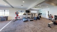 This well-equipped fitness center in Aurora, Colorado offers a comprehensive workout environment spread across a single floor. The space is organized into distinct functional zones, each designed to support a variety of exercise routines.

The cardio area is furnished with multiple treadmills, elliptical machines, and stationary cycling bikes — including interactive screen-equipped models — all arranged to allow comfortable spacing between users. Wall-mounted flat-screen TVs are positioned throughout for entertainment during workouts. Natural light filters in through a series of horizontal windows, keeping the space bright and connected to the outdoors.

The strength training section features a cable machine, an adjustable workout bench, and a dedicated rack of free weights, providing versatility for resistance-based training. Full-length mirrors along the walls enhance the sense of space and allow for proper form monitoring.

A partitioned studio area, separated by frosted glass dividers, offers a quieter zone for flexibility and guided workouts. This room includes stability balls, a large interactive display screen for on-demand fitness classes, and open floor space suitable for yoga or stretching routines. A boxing trainer station adds a dynamic, high-energy option to the overall fitness offering.

Throughout, the flooring consists of durable textured carpet tiles, and recessed lighting provides consistent, even illumination. The overall ambiance is clean, modern, and functional.