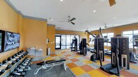 Located at 1971 Willow Loop Way in Knoxville, Tennessee, this single-floor fitness center offers a well-appointed workout environment designed to support a wide range of exercise routines. The space is immediately eye-catching thanks to its bold orange and yellow color scheme, carried through both the painted walls and the distinctive checkered floor tiles in orange, yellow, and gray — creating an energetic and motivating atmosphere.

The facility is outfitted with a comprehensive selection of equipment, including multi-station cable machines, a weight bench, and a lineup of cardio machines such as treadmills and ellipticals positioned along the perimeter. Recessed lighting throughout the ceiling ensures bright, even illumination across the entire workout area, while a ceiling fan provides additional air circulation. A wall-mounted water fountain offers convenient hydration access for users during their workout.

Large glass doors along one wall flood the space with natural light and provide views to an adjacent outdoor area, enhancing the open and airy feel of the interior. The combination of modern equipment, practical amenities, and vibrant design makes this fitness center a functional and inviting space for residents and members seeking a convenient on-site exercise facility.