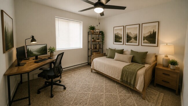 Furnished Bedrooms with desk and ceiling fan - Southgate Gardens Apartments