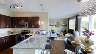 This single-floor residence showcases a thoughtfully designed open-concept layout that seamlessly connects the kitchen, dining, and living areas into one cohesive living space. The kitchen is equipped with rich, dark espresso cabinetry, stainless steel appliances, and a expansive granite-topped island with an undermount sink and built-in breakfast bar seating — ideal for casual dining or entertaining. Pendant lighting hangs above the island, adding both ambiance and functional illumination.

The living area extends naturally from the kitchen, featuring warm hardwood-style flooring that runs throughout the main space. Natural light filters in through a window dressed with horizontal blinds, brightening the neutral-toned walls. A decorative accent wall display, complete with a round gold mirror and framed artwork, adds a curated aesthetic touch to the space. The open floor plan creates a generous sense of airiness, making the area feel spacious and inviting. The overall design balances modern finishes with warm, comfortable elements, resulting in a polished yet livable environment.