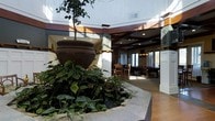 This single-story space makes a striking first impression with its soaring indoor atrium, where a large decorative urn planter anchors a landscaped interior garden complete with tropical foliage, leafy ground cover, and a small water feature framed by natural stone. The atrium draws abundant natural light from above, creating a bright, garden-like atmosphere at the heart of the space.

Beyond the atrium, the interior transitions into a spacious common area defined by rich, dark-stained coffered ceiling beams that add architectural depth and warmth. Recessed lighting complements the natural light filtering in through large windows, which offer views to the outdoors and contribute to an open, airy feel.

The game room area is clearly visible from the atrium, featuring a billiards table illuminated by a pendant light fixture and accompanied by dining-height seating nearby. Decorative wall accents and warm-toned carpeting further enhance the inviting character of the space.

Overall, the design blends natural elements with classic architectural detailing to create a comfortable, communal environment suited for relaxation and social activity.