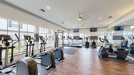 This single-floor fitness center is thoughtfully designed to provide a full range of exercise options in a bright, welcoming environment. The space features warm hardwood-style flooring throughout, complemented by crisp white walls accented with a distinctive blue horizontal band that adds a modern touch to the interior. Large windows line multiple walls, flooding the room with natural light and offering views of the surrounding outdoor greenery, creating an open and energizing atmosphere. Ceiling fans with decorative fixtures promote air circulation, while recessed lighting ensures consistent illumination throughout the facility. The cardio zone is well-stocked with multiple elliptical trainers, treadmills, and step machines, all positioned to take advantage of the natural light and outdoor views. A dedicated free weights area features a full rack of dumbbells in varying sizes, accompanied by stability and medicine balls to support functional and strength training. A multi-purpose cable and resistance machine rounds out the strength equipment offerings. Wall-to-wall mirrors in the free weights area enhance the sense of space and allow users to monitor their form. Mounted flat-screen televisions provide entertainment during workouts. The fitness center is accessed through elegant glass-paneled double doors, with fitness center policies posted at the entrance for user reference.
