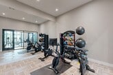 Located in Hialeah, FL, this dedicated exercise room delivers a comprehensive fitness experience within a compact, efficiently designed space. The room features light wood-look parquet flooring, neutral gray walls, and recessed ceiling lighting that creates a bright, energizing atmosphere. A full-length wall mirror visually expands the room and allows users to monitor their form during workouts. The space is equipped with multiple stationary cycling bikes, including Peloton and Matrix models, positioned on protective floor mats for a dedicated cardio zone. A TAG-branded vertical rack holds an assortment of colorful medicine balls and stability balls of varying sizes, while a tiered dumbbell rack and kettlebells provide options for strength training. A wall-mounted flat-screen television adds an entertainment element to workouts. Large black-framed glass partition doors connect this studio to an adjacent fitness area, which is visible through the glazing and contains additional weight equipment and benches, effectively extending the overall fitness offering. The combination of modern equipment, clean finishes, and thoughtful layout makes this exercise room a functional and well-appointed fitness facility.