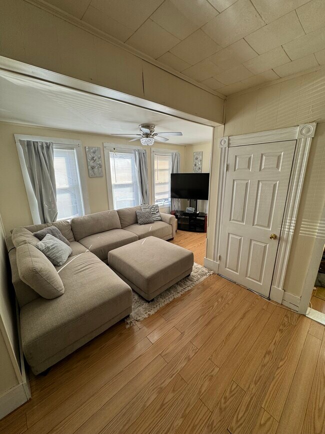 Living area with storage closet and ceiling fan - 25 Salem St