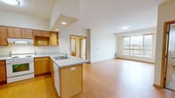 Located at 2275 Snelling Ave N in Roseville, MN, this three-bedroom, two-bathroom residence offers a practical and well-organized single-floor layout. The open-concept kitchen and living area serves as the heart of the unit, where warm wood cabinetry, a peninsula with a double sink, and gray laminate countertops define the kitchen space. White appliances, including a refrigerator, electric range, and dishwasher, complement the functional design. Light hardwood-style flooring extends throughout the kitchen and living area, enhancing the sense of openness. The living room receives natural light through a large window with views of the surrounding Roseville neighborhood. Three bedrooms offer comfortable proportions, with the primary bedroom featuring hardwood-style flooring and an oversized window, while the additional bedrooms are carpeted and include individual windows that bring in natural light. The two bathrooms are finished with warm wood vanities and white countertops. One bathroom includes a walk-in shower and additional overhead cabinetry, while the second features a window and a large mirror. A hallway connects the bedroom wing to the main living areas, and a closet provides additional storage. The overall aesthetic is clean, neutral, and functional throughout.