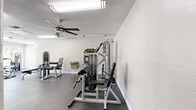 Located at 3024 N Powers Dr in Orlando, Florida, this fitness center offers a well-equipped, single-room exercise facility designed to support a comprehensive workout routine. The space features a textured ceiling with ceiling fans that help maintain airflow and comfort throughout sessions. Durable dark flooring covers the entire room, providing a practical and easy-to-maintain surface suited for gym use. The strength training area is outfitted with multiple cable and resistance machines, including a multi-purpose trainer, leg extension and curl equipment, and additional selectorized machines, along with wall-mounted mirrors that enhance the sense of space and allow users to monitor their form. A built-in water fountain is conveniently located along the wall for easy access. On the cardio side, a row of treadmills and elliptical trainers lines the windowed wall, which features large windows that flood the space with natural light and offer pleasant views of the outdoor pool area and surrounding palm trees. Fluorescent overhead lighting ensures consistent illumination throughout the room. The overall layout is organized and functional, making efficient use of the available floor area to accommodate a variety of fitness activities in a bright, airy environment.
