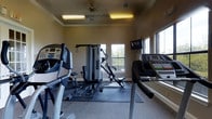 This fitness center is a dedicated, single-floor exercise space designed to support a well-rounded workout routine. The room is outfitted with a selection of cardio equipment, including treadmills and an elliptical machine, positioned to take advantage of the natural light streaming in through multiple windows. A multi-station cable weight machine anchors the strength-training area, set atop protective rubber flooring matting that defines the workout zones. A wall-mounted flat-screen television provides entertainment during workouts, adding a comfortable touch to the functional environment. The space is finished with neutral-toned walls and carpeted flooring in the surrounding areas, contributing to a clean and focused atmosphere. Overhead fluorescent lighting and a ceiling fan ensure the room remains well-lit and well-ventilated throughout use. The windows offer views of the surrounding greenery, bringing in a sense of the outdoors while maintaining an energizing workout environment. Overall, this fitness center delivers a practical and comfortable setting with the essential equipment needed for both cardiovascular and strength training exercises.