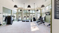 Located at 3650 Custer Pkwy in Richardson, TX, this fitness center offers a well-appointed, single-floor exercise space designed to support a comprehensive workout experience. The room is defined by soaring double-height ceilings and an expansive wall of green-trimmed windows that flood the interior with abundant natural light and provide views of the surrounding outdoors, including glimpses of a nearby pool area. The light-toned, patterned carpet flooring adds a refined aesthetic, while large wall mirrors along one side visually expand the space and support strength training focus. Overhead, a series of bold pendant lights complement ceiling fans, ensuring the room remains well-lit and comfortable. The cardio zone features multiple treadmills and elliptical machines, each equipped with individual display screens for an engaging workout. Strength training needs are addressed through a selection of cable and selectorized machines, a free-weight rack with dumbbells, and a flat bench. Green-painted architectural details, including framed doorways and wall paneling, lend the space a cohesive and polished look. Entryways with glass-paneled French doors provide a welcoming transition into the fitness area. This facility is thoughtfully designed to deliver both function and comfort for everyday fitness use.
