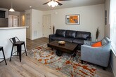 Located at 234 Mockingbird Lane in Johnson City, Tennessee, this single-floor unit offers a thoughtfully designed layout that blends comfort and functionality. The open-concept living and kitchen area serves as the heart of the space, where light hardwood flooring flows seamlessly throughout. The living area accommodates a full-size leather sofa, a wooden coffee table, and a ceiling fan, creating a relaxed and inviting atmosphere.

The kitchen is a standout feature, outfitted with dark espresso cabinetry, light granite countertops, and a full suite of stainless steel appliances including a refrigerator, electric range, microwave, and dishwasher. A peninsula with bar seating provides additional dining space and naturally separates the kitchen from the living area.

The bedroom is a comfortable retreat, featuring a ceiling fan, a queen-size bed with a rustic wooden headboard, and warm, neutral tones that contribute to a calm ambiance. The bathroom is clean and functional, finished with the same hardwood-style flooring found throughout the unit, and includes open storage shelving for added convenience.

Overall, the space presents a cohesive, modern aesthetic with warm tones and practical finishes, making it a well-rounded and move-in-ready unit in Johnson City, TN.