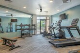 Located at 2725 Marshall Ct in Shorewood Hills, WI, this fitness center offers a comprehensive and thoughtfully designed workout facility across a single, generously sized floor. The space features soft, light blue accent walls paired with crisp white ceilings, recessed lighting, and ceiling fans that contribute to a clean, modern aesthetic. Patterned carpet tiles cover the floors throughout, providing both comfort and durability underfoot.

The main workout area is well-stocked with a variety of cardio equipment, including treadmills, an elliptical trainer, and a stationary bike, each equipped with individual display screens for an enhanced workout experience. Multiple flat-screen TVs are wall-mounted throughout the space for entertainment. A dedicated free weights section features an extensive rack of dumbbells and kettlebells in varying sizes, complemented by a full-length mirror wall that enhances the sense of openness and allows for proper form monitoring.

A functional cable machine and an adjustable weight bench offer additional strength training options. Natural light filters in through large glass doors that open to an outdoor area, adding to the bright and energizing atmosphere. Warm wood-toned door frames and built-in storage cabinetry add a refined touch to the overall design, making this fitness center both practical and welcoming.