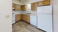 Located at 3708 S Douglas Ave in Oklahoma City, this 2-bedroom, 1-bathroom unit at the Redding community is a single-floor residence designed for comfortable, practical living. Throughout the unit, durable wood-look plank flooring ties the spaces together with a warm, cohesive aesthetic.

The living area is bright and open, featuring a large window that invites natural light and provides views of the surrounding outdoors. Clean white walls and a textured ceiling contribute to a fresh, move-in-ready atmosphere. The space offers a functional entry point directly into the living room.

The kitchen is well-appointed with warm wood-toned cabinetry arranged in an L-shaped layout, offering generous storage both above and below the counter. White appliances include a range, dishwasher, and refrigerator, complemented by a double-basin sink and light countertops.

Both bedrooms are comfortably sized with the same wood-look flooring and crisp white walls, each accessed via interior wood doors. The rooms provide a calm, neutral backdrop adaptable to various furnishing arrangements.

The bathroom is neatly finished with wood-tone cabinetry, a countertop vanity with an integrated sink, a full tub-shower combination with tiled surround and grab bar, and wood-look flooring that continues the unit's consistent design theme.