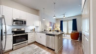 This thoughtfully designed one-bedroom, one-bathroom unit offers an efficient yet stylish layout across a single floor. The open-concept kitchen flows seamlessly into the living area, creating a connected and functional living space. The kitchen is outfitted with crisp white shaker cabinetry, granite countertops, a tile backsplash, and a full suite of stainless steel appliances including a range, over-the-range microwave, dishwasher, and refrigerator. A peninsula island with seating provides additional prep space and a casual dining option, topped by pendant lighting that adds a contemporary touch.

The living room receives natural light through large windows and a glass door fitted with blinds and navy drapes, and is finished with a ceiling fan overhead. Wood-style plank flooring runs throughout the unit, contributing to a cohesive, modern aesthetic.

The bedroom is a comfortable, well-lit retreat featuring a large window, ceiling fan, and two closets. Neutral walls and the same wood-style flooring carry through the space.

The bathroom includes a glass-enclosed shower, white cabinetry with granite countertops, and wood-style flooring, maintaining the unit's consistent design language.