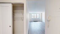 This 570 square foot apartment in New York City offers a thoughtful blend of modern design and efficient space utilization. The one-bedroom, one-bathroom layout maximizes functionality within its compact footprint. The living area showcases an open-concept design, featuring light-toned wood-look flooring that extends throughout the space, creating a sense of continuity and visual expansion.

Large windows in both the living room and bedroom flood the apartment with natural light, offering views of the surrounding cityscape. The kitchen, while not fully visible in the images, appears to be integrated into the main living space, likely featuring updated appliances and finishes.

The bathroom is finished with neutral-toned tile work, a standard-sized bathtub with shower, and modern fixtures. A wall-mounted mirror expands the visual space, while built-in storage solutions maximize utility.

The bedroom, measuring 170 square feet, provides ample space for a comfortable sleeping area and necessary furniture. Built-in closets offer additional storage solutions.

Throughout the apartment, crisp white walls contribute to a bright, airy atmosphere, providing a blank canvas for personal decor. The overall design aesthetic is clean and contemporary, appealing to those seeking a streamlined urban living experience in the heart of New York City.