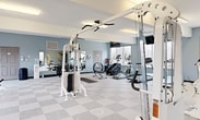 This spacious 1,490 square foot fitness facility in Cary, NC, offers a comprehensive workout experience. The single-story space is characterized by its open floor plan and modern design. Large windows line the walls, providing ample natural light and picturesque views of the surrounding area, creating an inspiring environment for exercise.

The gym is equipped with a diverse range of state-of-the-art fitness equipment. Weight machines, free weights, and cardio equipment such as treadmills and ellipticals are strategically placed throughout the room. A dedicated area for strength training features weight benches and racks, while another section houses various resistance machines.

The interior boasts a clean, contemporary aesthetic with light blue walls and a striking checkerboard-patterned floor in shades of grey and white. Overhead, modern lighting fixtures and large ceiling fans ensure proper illumination and air circulation. Multiple wall-mounted mirrors enhance the sense of space and allow users to monitor their form during workouts.

Safety features include handrails near some equipment and what appears to be sanitizing stations. The layout promotes easy navigation and efficient use of space, making it suitable for both individual workouts and potential group fitness classes.