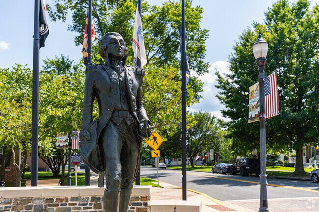 A statue of General Marquis de Lafayette sits in the town square in Havre De Grace.