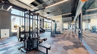 Located at 2141 Waterside Drive in Nashville, TN, this state-of-the-art fitness center offers a generously sized, single-floor exercise facility designed for a full-spectrum workout experience. The space is defined by its modern industrial aesthetic, featuring an exposed grid ceiling with sleek linear lighting, perforated metal panels, and an open layout that promotes a sense of spaciousness and energy.

Floor-to-ceiling windows line the exterior walls, flooding the interior with abundant natural light and offering views of the surrounding greenery and waterside scenery. The flooring transitions between zones, with distinctive patterned carpet tiles in organic, scalloped shapes in the cardio and machine areas, and durable rubberized flooring in the free weights section, clearly delineating each workout zone.

The facility is comprehensively equipped with a full array of cardio machines including treadmills and ellipticals positioned along the window line, selectorized strength machines, cable systems from True Fitness, power racks, adjustable benches, and a well-stocked dumbbell rack. Large floor-to-ceiling mirrors expand the visual depth of the space, while dramatic black-and-white athletic photography murals add a motivating, dynamic ambiance. The result is a polished, professional fitness environment that balances function with refined design.