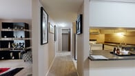 Located at 1616 W 22nd St N in Wichita, Kansas, this one-bedroom, one-bathroom residence offers a thoughtfully organized single-floor layout that makes efficient use of its compact footprint. A carpeted hallway connects the main living areas, with wall space accented by framed artwork that lends character throughout.

The living room is a bright, welcoming space anchored by large sliding glass doors fitted with vertical blinds, allowing generous natural light and outdoor views. The room accommodates comfortable seating and decorative shelving, creating a versatile area for relaxing or entertaining.

The kitchen features tile flooring with a classic diamond pattern, white cabinetry extending to the ceiling for ample storage, dark granite-style countertops, and white appliances including a refrigerator and range. A range hood and double sink complete the functional layout.

The bedroom offers a comfortably sized retreat with soft carpeting, a window for natural light, and a dedicated closet for storage. The space is well-proportioned and serene in character.

The bathroom includes a tiled tub-shower combination, tile flooring, a toilet, and a vanity with countertop storage, maintaining a clean and practical design. Built-in shelving near the bathroom entry provides additional organizational space, rounding out this well-appointed residence.