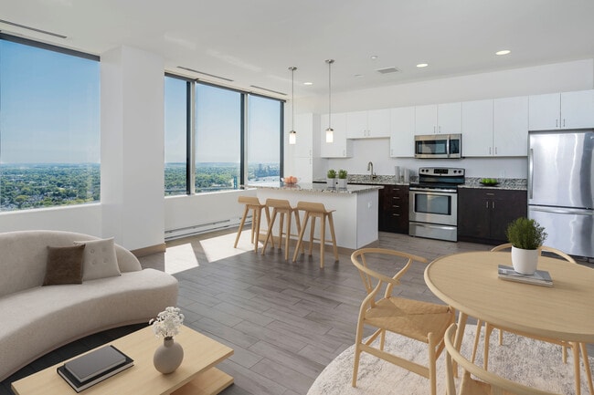 Living room and kitchen - Floorplan N - Tower on the Maumee and Ferrara Flats