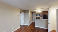 Located at 9505 Gold Coast Drive in San Diego, Unit #3 Downstairs is a single-floor residence that combines functional design with comfortable living. The open-concept layout connects the living area directly to the kitchen, creating a seamless flow throughout the main space. Rich, dark hardwood flooring runs throughout, adding warmth and a polished look to the interior.

The kitchen is a standout feature, equipped with medium-toned wood cabinetry, granite-patterned countertops, and a breakfast peninsula that provides additional prep and seating space. Black appliances, including a range and refrigerator, complement the cabinetry for a cohesive look. Recessed track lighting above the kitchen area ensures the space is well-lit and functional.

The living area is spacious and open, bathed in neutral warm tones on the walls that contribute to a welcoming ambiance. White trim and panel doors add a crisp contrast to the overall palette. The layout provides easy access to additional rooms through clearly defined doorways, offering a practical and organized flow. This ground-floor unit presents a straightforward, move-in-ready space suited for comfortable everyday living in the Gold Coast neighborhood of San Diego.