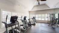 Located at 101 Shore Lake Dr in Greensboro, NC, this fitness center is a well-appointed, single-floor facility designed to support a full range of workout routines. The space features vaulted ceilings with ceiling fans, creating an open and airy atmosphere throughout. Large windows fitted with plantation shutters line the walls, allowing ample natural light to fill the room while offering views of the surrounding greenery.

The cardio zone is equipped with multiple True-brand treadmills, elliptical trainers, and a recumbent stationary bike, all arranged to take advantage of the natural light from the windows. A floor-to-ceiling mirror wall runs along one side of the space, visually expanding the room and supporting proper form during workouts. A wall-mounted flat-screen television adds convenience for entertainment during exercise sessions.

The strength training area includes a multi-station cable machine, a dumbbell rack with a wide range of weights, and a weight bench. A bold navy blue accent wall anchors the functional training zone, which is outfitted with a captain's chair, stability balls in multiple sizes, a balance board, resistance tools, and a dedicated storage rack. Rubber flooring covers the entire space, ensuring safety and durability. A restroom is conveniently accessible directly from the fitness floor.