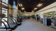 This single-level fitness center in Houston, TX offers a comprehensive workout environment designed for serious training. The space features dramatically high ceilings finished in matte black, creating a sleek, modern aesthetic that is complemented by bold green and brown horizontal stripe accents running along the upper walls. Cluster-style pendant lighting and ceiling fans are suspended throughout, ensuring both ambiance and ventilation across the expansive floor plan.

The cardio zone is extensively equipped with stair climbers, ellipticals, treadmills, and upright bikes, each outfitted with individual digital displays. Large windows along one wall flood sections of the space with natural light and provide views of the surrounding outdoor area. Wall-mounted televisions are positioned throughout for entertainment during workouts.

The strength training section includes a full cable machine system, selectorized weight machines from Matrix and other commercial brands, free weights, and benches arranged along floor-to-ceiling mirrors that visually expand the room. The rubber-floored open central area provides ample space for stretching or functional movement. Bold motivational graphics adorn the accent walls, reinforcing an energetic and focused training atmosphere throughout.