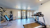 This fitness center offers a well-rounded workout facility designed to accommodate a variety of exercise routines. The space is organized across a single floor and is divided into distinct workout zones, each furnished with professional-grade equipment. Cardio options include multiple Spirit-brand treadmills and elliptical trainers, as well as stationary bikes, providing ample room for cardiovascular training without crowding. Strength training is well-represented with a dual-cable functional trainer, a multi-station weight machine, a power tower for bodyweight exercises, and TRX suspension training attachments, catering to a broad range of fitness goals. The flooring transitions between durable tile and cushioned surfaces depending on the zone, offering practical support underfoot. Walls are painted in neutral tones, and flush-mount ceiling fixtures provide consistent overhead lighting throughout. French doors along one wall invite natural light into the main exercise area, offering views of the surrounding greenery. A posted fitness center rules board is prominently displayed, indicating this is a shared community facility. The overall layout is clean, functional, and thoughtfully arranged to maximize usable floor space while keeping equipment accessible.
