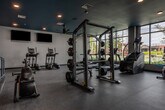 Located at 1399 Delashmut Ave in Columbus, Ohio, this well-appointed fitness center offers a comprehensive workout environment within a single, open-plan floor. The space is defined by its striking teal-painted ceiling, recessed lighting, and large ceiling fans that create a vibrant yet comfortable atmosphere throughout.

Floor-to-ceiling windows line one side of the room, flooding the interior with abundant natural light and offering views of the surrounding streetscape and greenery — an energizing backdrop for any workout. Durable rubberized flooring spans the entire space, providing both safety and functionality.

The strength training area is well-equipped with a multi-station cable and weight rack system, a selection of free weights, dumbbells with dedicated storage racks, and adjustable benches. The cardio zone features a diverse array of machines, including treadmills, ellipticals, stair climbers, and a stationary spin bike positioned directly in front of the large windows. Two wall-mounted flat-screen televisions are positioned above the cardio equipment for entertainment during workouts.

Full-length mirrors along one wall visually expand the space while serving a practical purpose for form monitoring. The overall design balances modern aesthetics with functional fitness infrastructure, making this facility a well-rounded option for residents in the Columbus, OH area.