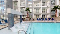 This outdoor amenity space is designed to deliver a resort-like atmosphere within a residential setting. The centerpiece is a generously sized swimming pool with clear, blue water, surrounded by a spacious pool deck furnished with a mix of white lounge chairs and navy blue seating, providing ample space for relaxation and recreation. A palm tree adds a tropical accent near the pool's edge, complementing the modern multi-story building facade featuring neutral grey siding, large windows, and private balconies that overlook the pool area.

A dedicated spa and hot tub area offers a quieter retreat, screened by neatly trimmed hedges and mature trees that create a sense of privacy. Lounge chairs are positioned poolside to take advantage of the open-air setting. The landscaping throughout is lush and well-maintained, with dense shrubs, ferns, ornamental grasses, and established trees framing the walkways and pool perimeter. Concrete pathways connect the various outdoor zones, while shaded seating areas with umbrellas provide relief from direct sunlight. The overall ambiance is one of carefully curated outdoor living, balancing modern design aesthetics with natural greenery.