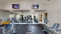 This fitness center is thoughtfully designed to support a comprehensive workout experience within a bright, open single-floor layout. The space features soaring vaulted ceilings that lend an expansive, airy feel, complemented by recessed lighting and a ceiling fan that help maintain a comfortable environment during exercise. Large windows and glass-paned French doors allow abundant natural light to filter in and offer views of an outdoor pool area, creating an inviting and energizing atmosphere.

The main workout area is lined with floor-to-ceiling mirrors that visually expand the space and allow users to monitor their form. Durable rubber flooring throughout provides traction and cushioning for all types of exercise. Cardio equipment is well-represented with treadmills, ellipticals, upright and recumbent stationary bikes, and a stair climber. A multi-station cable machine and a dedicated weight bench round out the strength training options, while free weights, resistance tools, yoga mats, and stability balls are also available for varied workouts.

A water cooler station is conveniently situated within the space for hydration. Two wall-mounted flat-screen televisions are positioned for easy viewing from multiple equipment stations. A separate room accessible via glass-paneled doors provides additional utility space. The overall ambiance is clean, modern, and well-maintained.