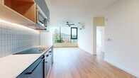 This contemporary 2-bedroom, 1-bathroom apartment in Washougal, WA, offers 740 square feet of thoughtfully designed living space. The home's modern aesthetic is immediately apparent in the sleek kitchen, which features striking blue cabinetry, stainless steel appliances, and under-cabinet lighting. The primary bedroom, at 220 square feet, provides ample space and is complemented by large windows that offer panoramic views of the surrounding landscape.

Throughout the apartment, warm wood-toned flooring creates a cohesive and inviting atmosphere. The living areas benefit from expansive windows that flood the space with natural light and frame picturesque outdoor vistas. Climate control is ensured with both ceiling fans and wall-mounted air conditioning units.

The bathroom continues the modern theme with a floating blue vanity, vessel sink, and a large round mirror. The apartment's efficient layout includes a closet for storage and a combined living and dining area, making the most of the available space. This single-story residence, located at 1625 Main Street, exemplifies contemporary urban living with its clean lines, neutral color palette, and emphasis on natural light and views.