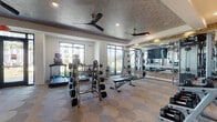 This spacious fitness center is thoughtfully designed to accommodate a comprehensive range of workout routines. The layout is generous, allowing ample room between equipment stations, and the patterned carpet flooring adds a refined aesthetic throughout. Multiple ceiling fans are mounted on a textured tray ceiling, complemented by recessed lighting to maintain a comfortable environment during workouts.

The cardio zone features several treadmills and additional aerobic machines positioned along exterior-facing windows, flooding the space with natural light and providing views of the surrounding greenery. A dedicated strength training area includes a multi-station cable machine, free-weight benches, and tiered dumbbell racks stocked with a full range of weights. Floor-to-ceiling mirrors along one wall visually expand the space and allow exercisers to monitor their form.

A standout design feature is the accent wall finished in textured wallcovering above an exposed brick wainscoting, framed by natural wood trim and flanked by warm wall sconces, creating a polished, upscale atmosphere. A separate spin studio with mirrored walls is visible through glass doors.

A built-in hydration station offers a dual water fountain with a bottle-filling option alongside a compact refreshment nook with open shelving, subway tile backsplash, and an under-counter refrigerator.
