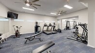 Located at 1166 Pine Knoll Dr in Spring Lake, NC, this well-appointed fitness center offers a comprehensive workout facility spread across a single floor. The space is organized into multiple interconnected zones, each designed to accommodate a variety of exercise routines and fitness goals.

The cardio area is outfitted with treadmills, elliptical trainers, and a stair climber, all arranged beneath large ceiling fans that help maintain a comfortable environment. Flush-mounted rectangular lighting fixtures illuminate the space evenly throughout. A wall-mounted flat-screen television adds an entertainment element to the cardio zone.

The free weights section features a full dumbbell rack alongside adjustable benches and a power rack complete with a barbell and weight plates, as well as battle ropes for functional training. Full-length mirrors line portions of the walls, creating a sense of openness while allowing users to monitor their form during exercises.

A dedicated strength training zone houses multiple cable and pulley machines, including a multi-station cable system and a pull-up/dip station, providing options for comprehensive resistance training. High horizontal windows run along the upper portions of the walls, allowing natural light to filter in without compromising privacy.

The flooring throughout is a durable, patterned commercial carpet in a blue-grey tone. An exterior door with windows provides views of the surrounding outdoor area and offers convenient access to the outside.