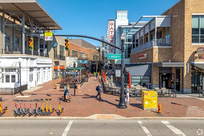 Gateway Movie Theater and nearby shops and restaurants line High Street.