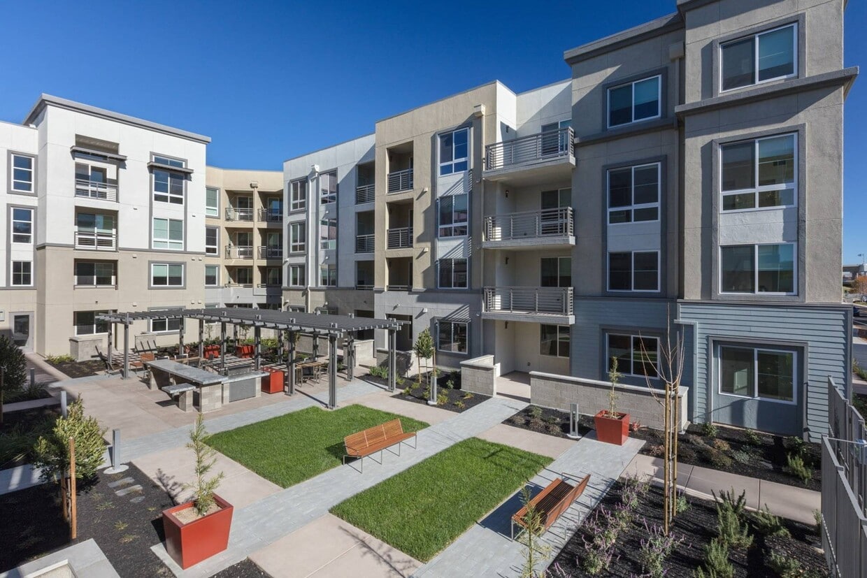 Lawn and BBQ area for community connection at Aster Apartments near BART. - Aster