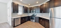 This single-floor residence presents a cohesive, modern design characterized by a consistent palette of white walls, dark espresso-toned cabinetry, and a combination of light hardwood-style flooring and plush carpeting. The kitchen serves as a functional centerpiece, outfitted with rich dark cabinetry extending to the ceiling, white countertops, a subway tile backsplash, and a full suite of stainless steel appliances including a gas range, microwave, and dishwasher. Recessed lighting and a window with blinds provide both illumination and natural light. An exterior door adjacent to the kitchen offers convenient access.

The open living area features light hardwood-style flooring and two windows that allow natural light to brighten the space. Bedroom spaces are finished with neutral carpeting, providing a comfortable and quiet environment. One bedroom includes a window and access to a closet. Two bathrooms serve the unit: a full bathroom with a glass-enclosed walk-in shower, a dark vanity with white countertop, and a toilet, and a second bathroom featuring a similarly styled vanity and toilet. Both bathrooms are finished with neutral tile flooring and clean white walls, maintaining the unit's consistent, understated aesthetic throughout.